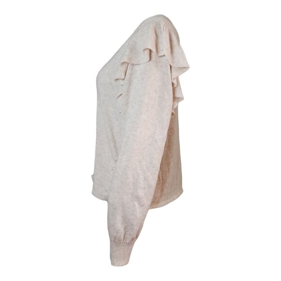 John + Jenn Sweater Womens Size M Medium Ruffle Side Neutral Pullover Wool Blend - Picture 2 of 6